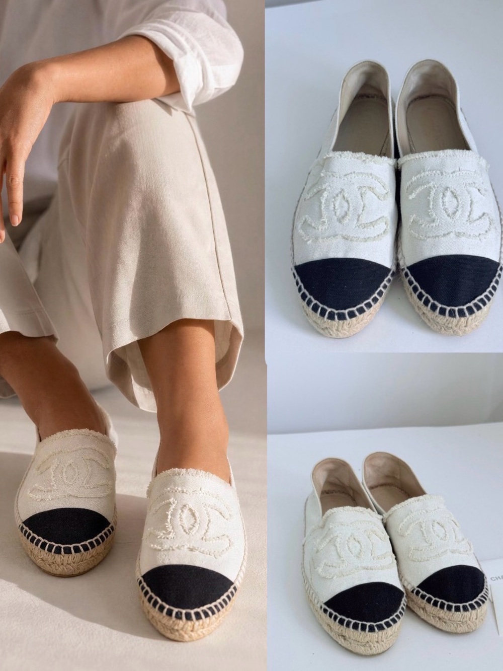CHANEL Espadrilles Ivory and Black Canvas